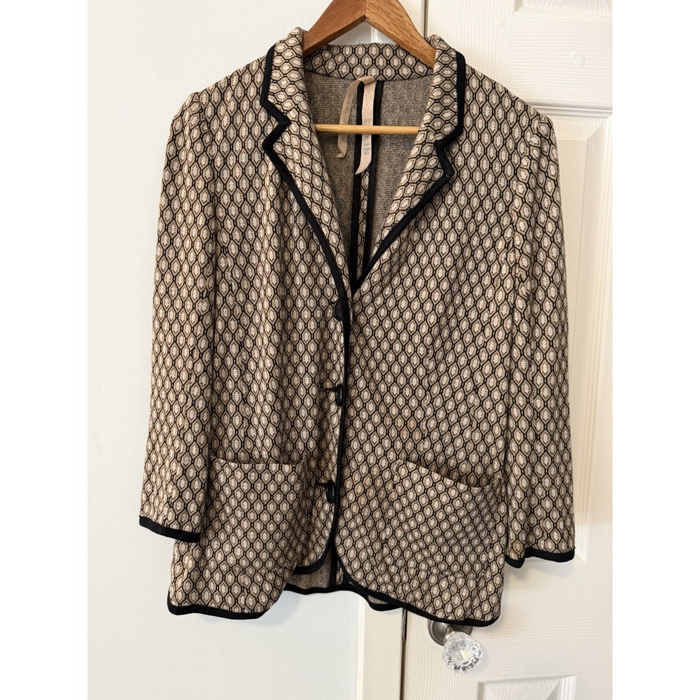 Bailey 44 Knit Blazer Jacket Unstructured Women Sz L Tan Black Geometric Retro